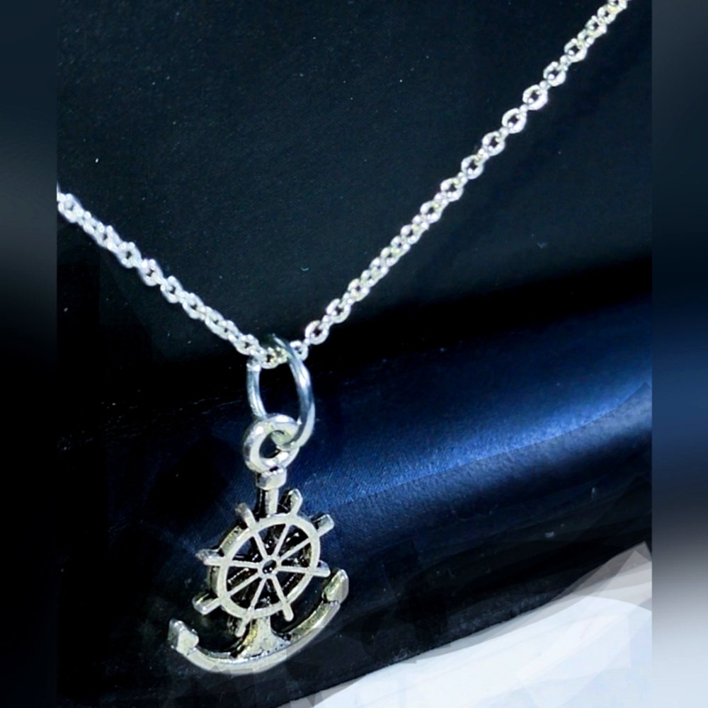 Boating Helm Ship's Wheel on Anchor Charm Silver Necklace